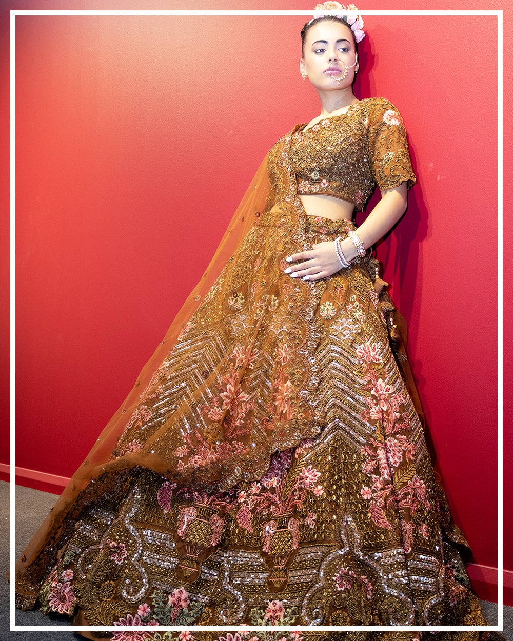 Olive Gold Embroidered Lehenga Set with Blush Floral Accents