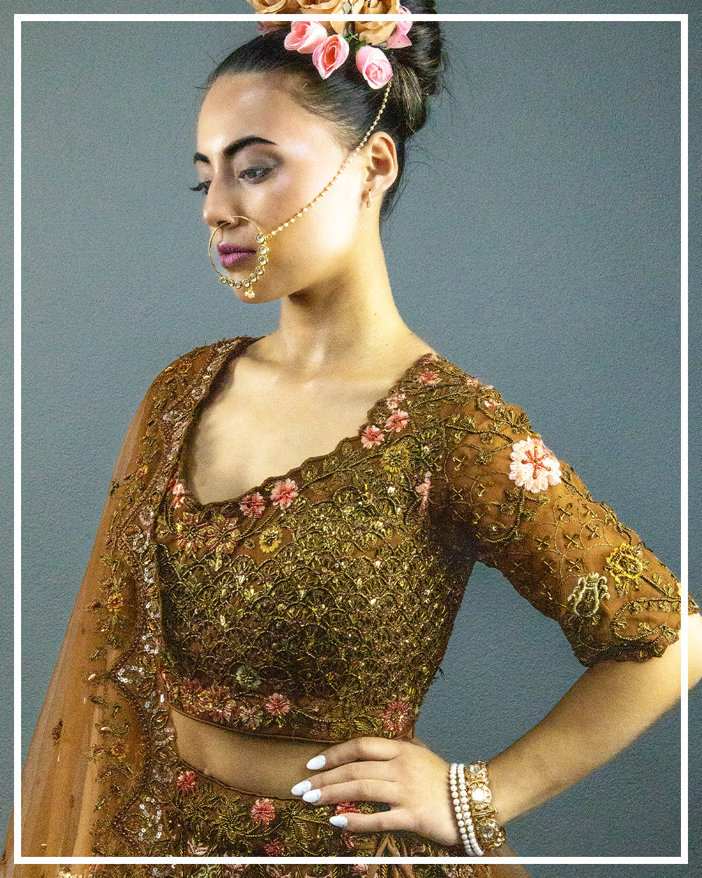 Olive Gold Embroidered Lehenga Set with Blush Floral Accents