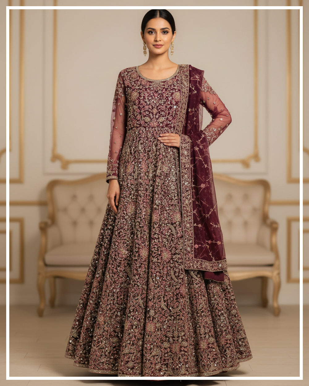 Wine Embroidered Festive Maxi Dress