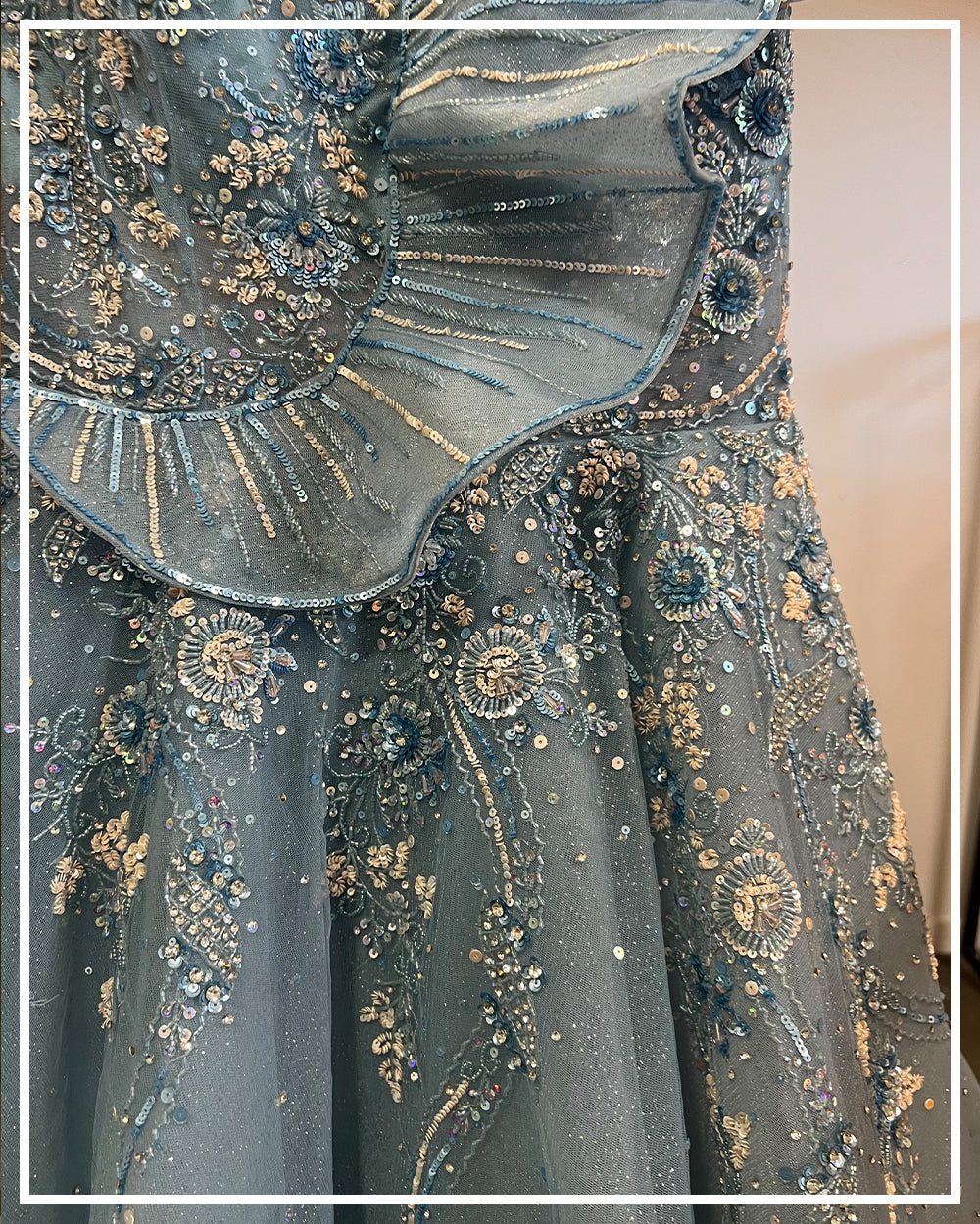 Ice Blue Embellished Ruffle Gown