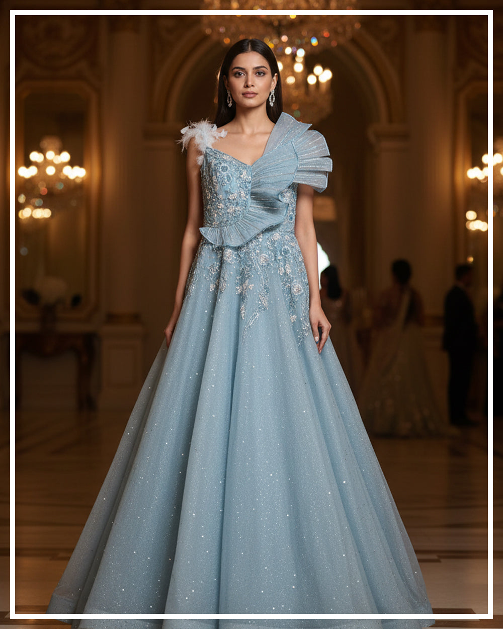 Ice Blue Embellished Ruffle Gown