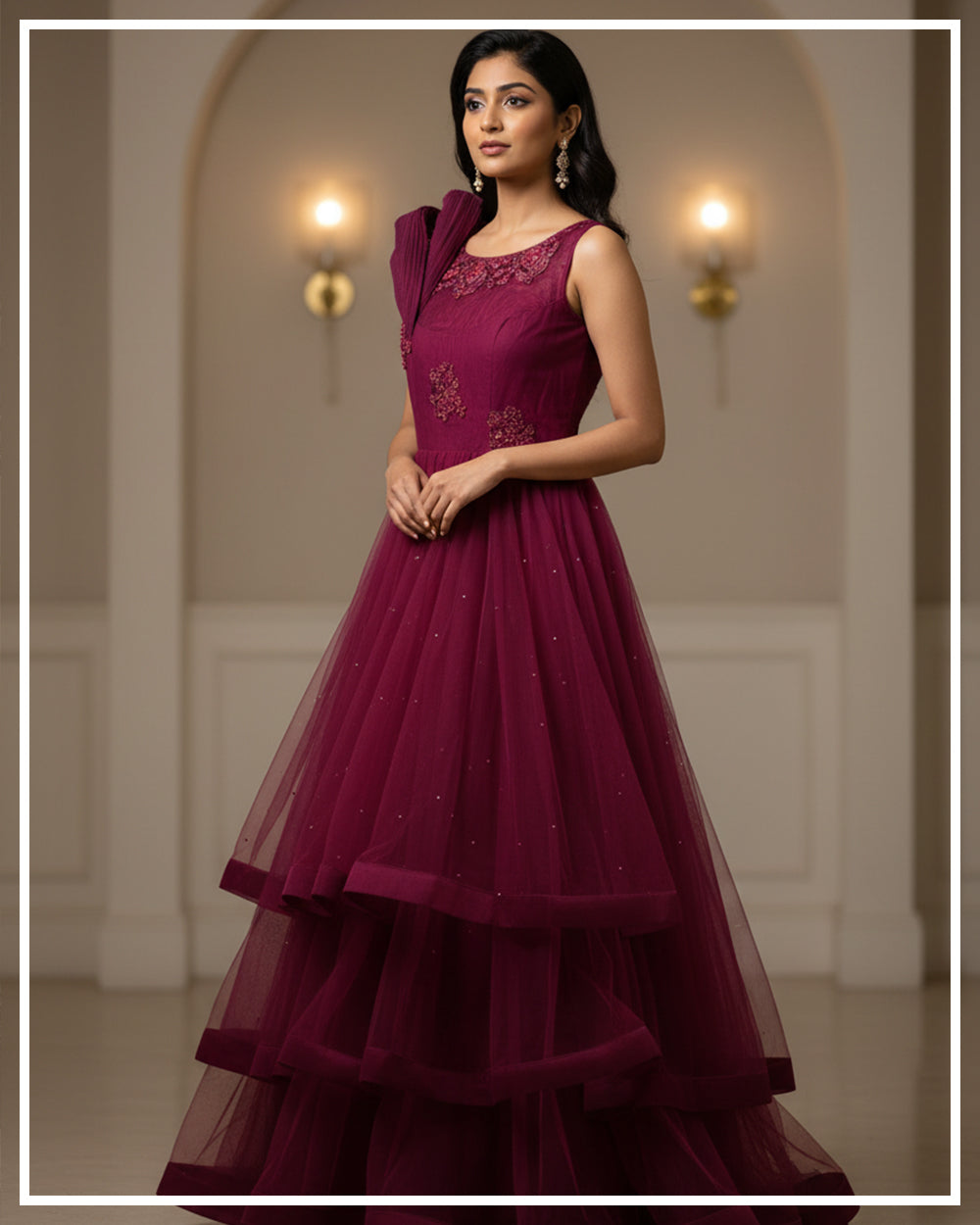 Ruby Plum Embellished Layered Gown