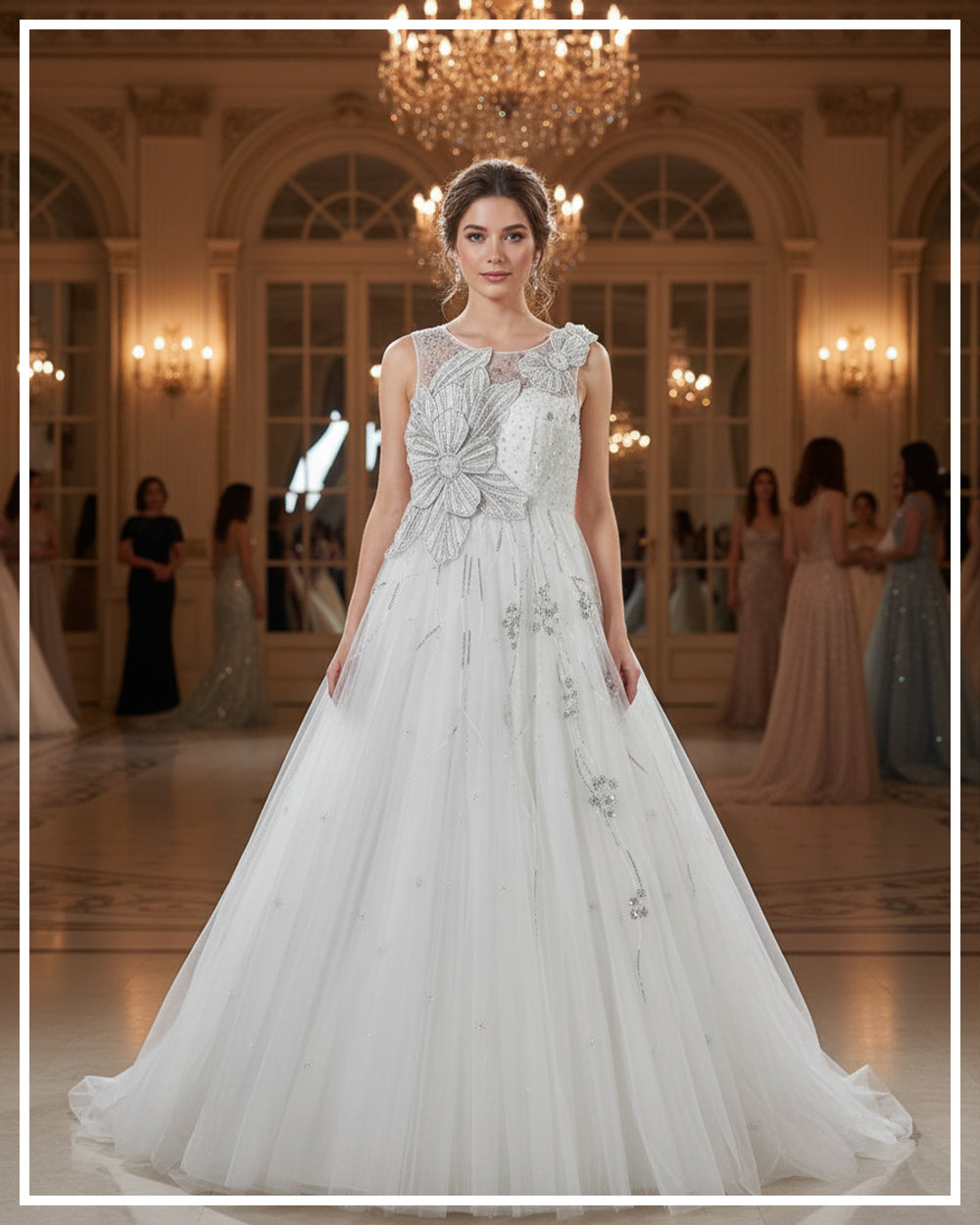 Ivory Crystal Bloom Gown – 3D Floral Hand Embellished Couture Dress