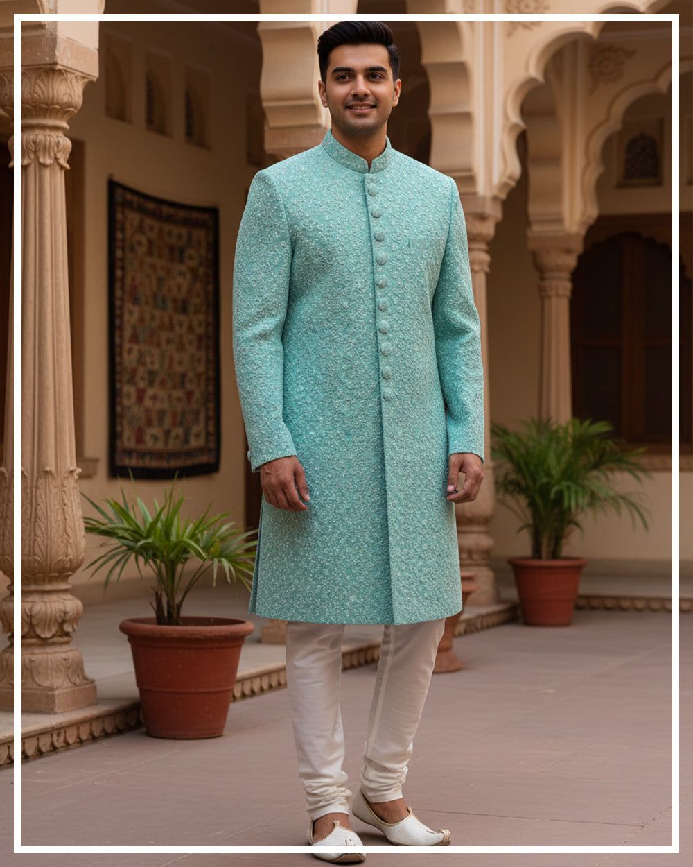 Mint Green Self-Textured Sherwani