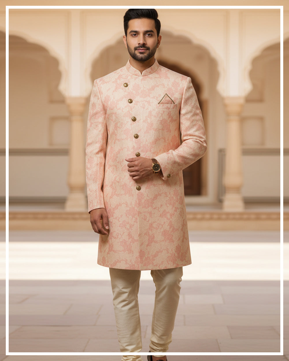 Peach Gold Textured Sherwani