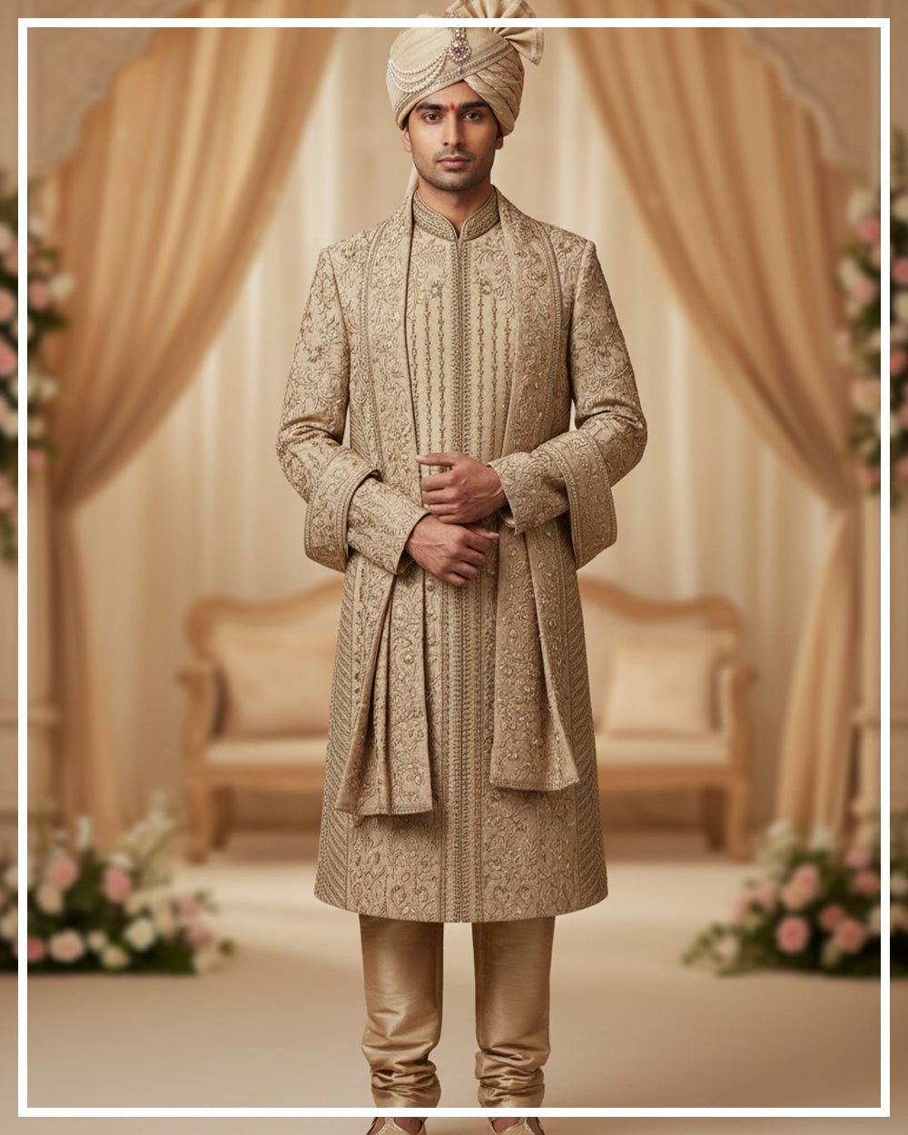 Champagne Gold Heavy Hand Embroidered Sherwani