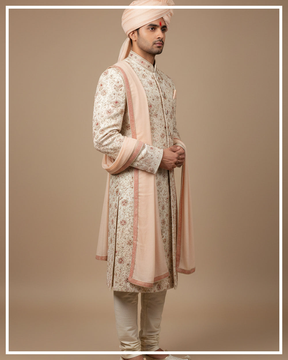 Ivory Peach Heavy Embroidered Sherwani