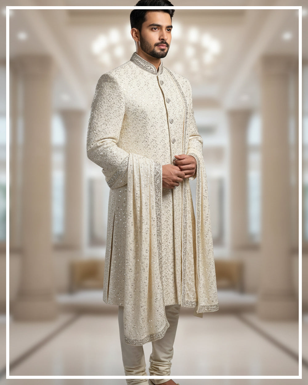 Ivory Sequin Hand Embroidered Sherwani