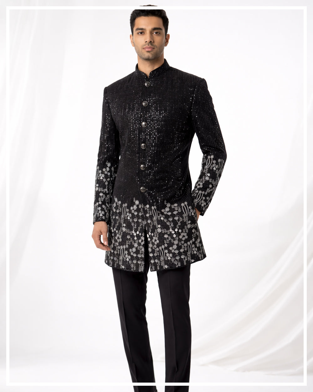 Black Indo-Western with White Floral Thread Work