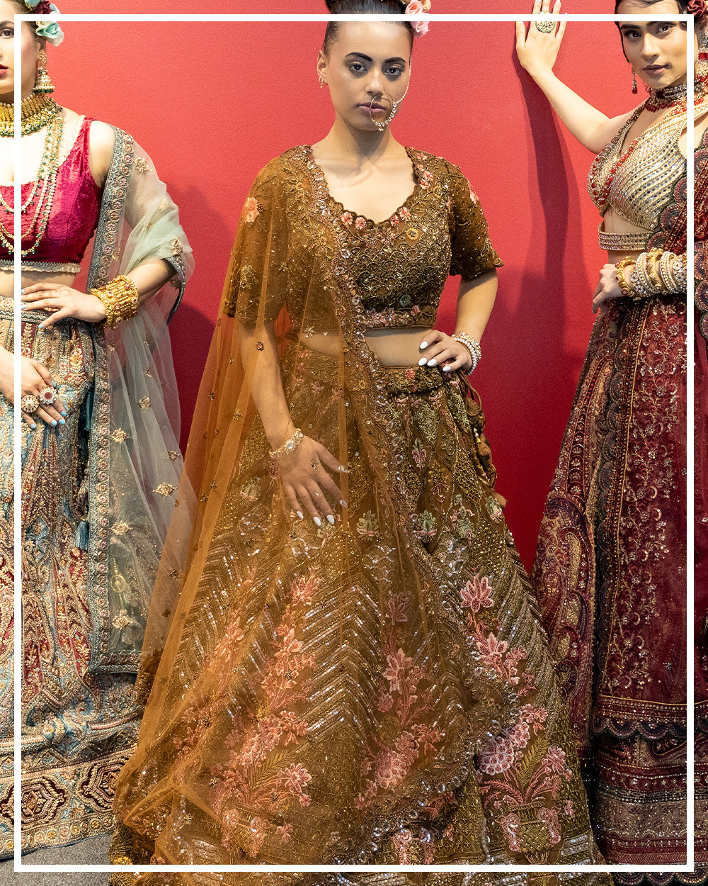 Olive Gold Embroidered Lehenga Set with Blush Floral Accents