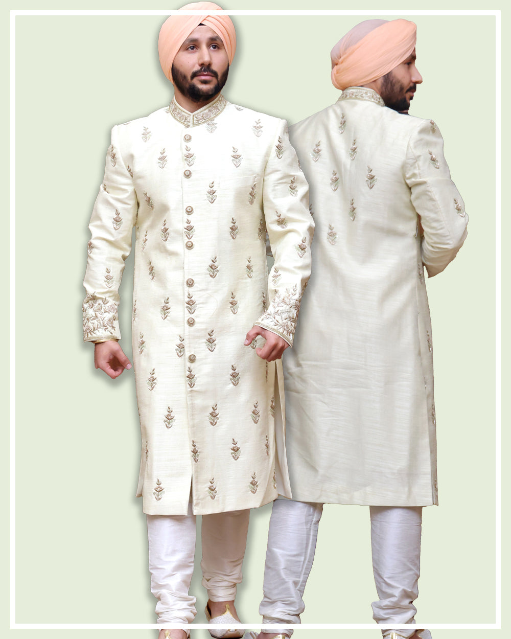Beige Sherwani with Embroidery Green Highlight