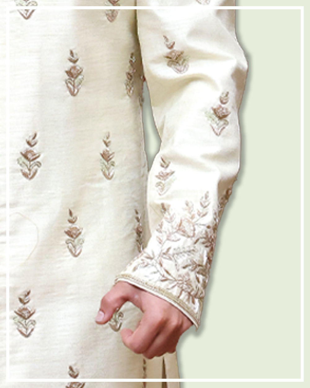 Beige Sherwani with Embroidery Green Highlight
